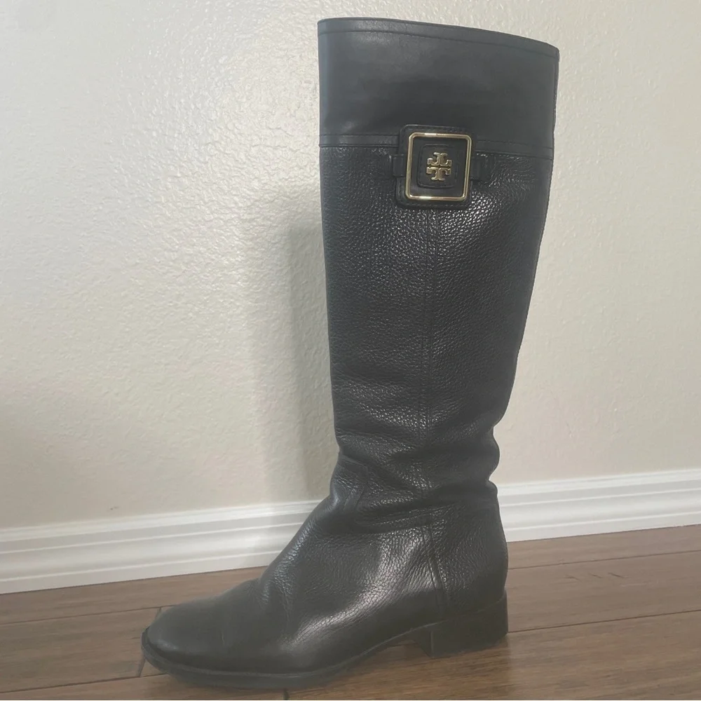 Tory Burch black grained leather riding boots zip up knee high boots vintage